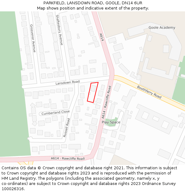 PARKFIELD, LANSDOWN ROAD, GOOLE, DN14 6UR: Location map and indicative extent of plot