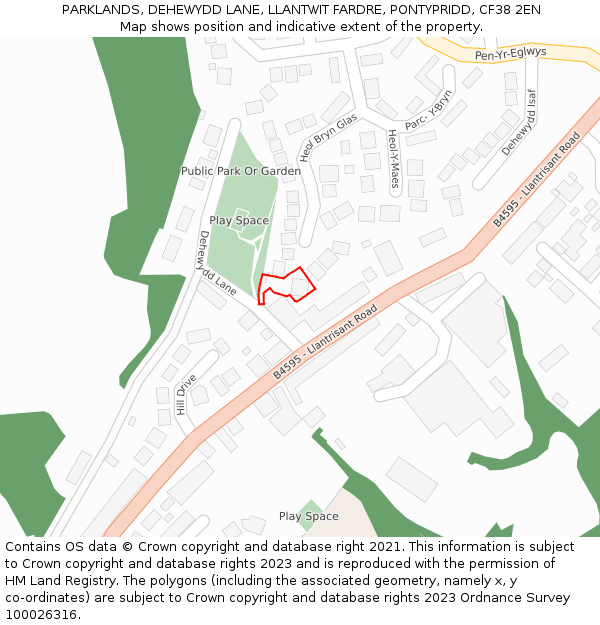 PARKLANDS, DEHEWYDD LANE, LLANTWIT FARDRE, PONTYPRIDD, CF38 2EN: Location map and indicative extent of plot