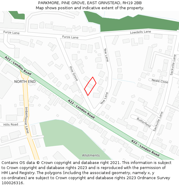 PARKMORE, PINE GROVE, EAST GRINSTEAD, RH19 2BB: Location map and indicative extent of plot
