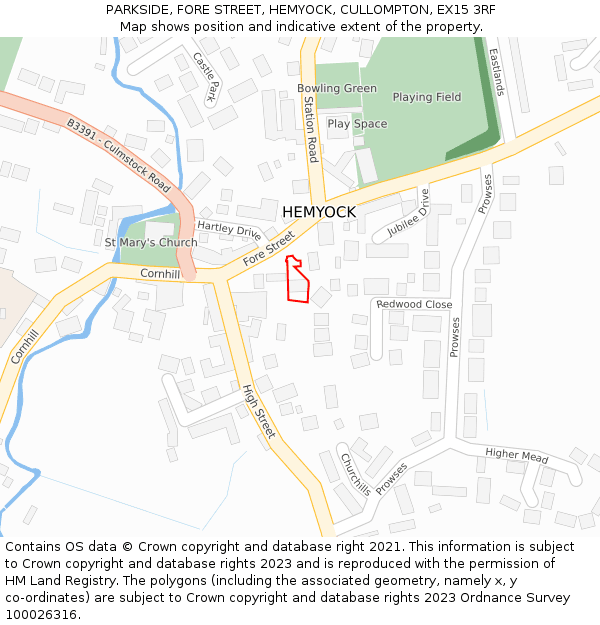 PARKSIDE, FORE STREET, HEMYOCK, CULLOMPTON, EX15 3RF: Location map and indicative extent of plot