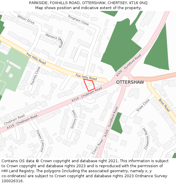 PARKSIDE, FOXHILLS ROAD, OTTERSHAW, CHERTSEY, KT16 0NQ: Location map and indicative extent of plot