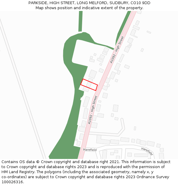 PARKSIDE, HIGH STREET, LONG MELFORD, SUDBURY, CO10 9DD: Location map and indicative extent of plot