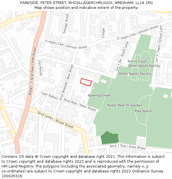 PARKSIDE, PETER STREET, RHOSLLANERCHRUGOG, WREXHAM, LL14 1RG: Location map and indicative extent of plot