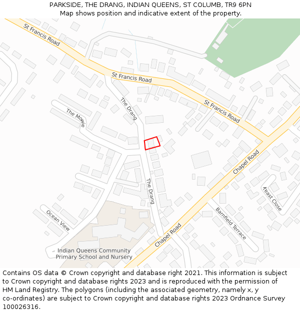 PARKSIDE, THE DRANG, INDIAN QUEENS, ST COLUMB, TR9 6PN: Location map and indicative extent of plot