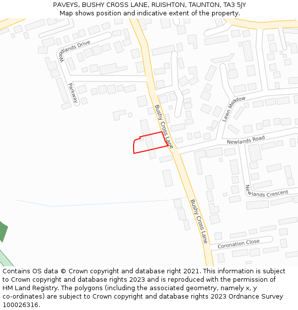 PAVEYS, BUSHY CROSS LANE, RUISHTON, TAUNTON, TA3 5JY: Location map and indicative extent of plot