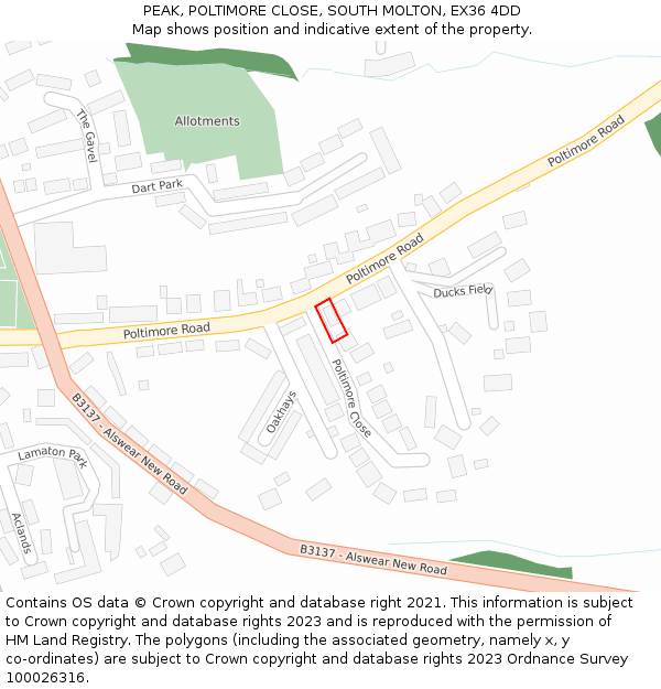 PEAK, POLTIMORE CLOSE, SOUTH MOLTON, EX36 4DD: Location map and indicative extent of plot