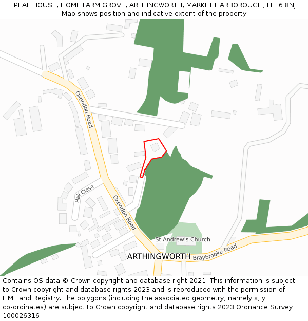 PEAL HOUSE, HOME FARM GROVE, ARTHINGWORTH, MARKET HARBOROUGH, LE16 8NJ: Location map and indicative extent of plot