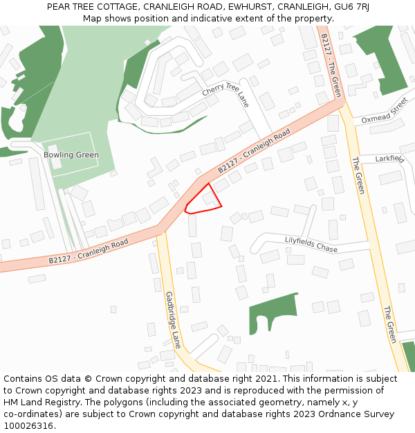 PEAR TREE COTTAGE, CRANLEIGH ROAD, EWHURST, CRANLEIGH, GU6 7RJ: Location map and indicative extent of plot