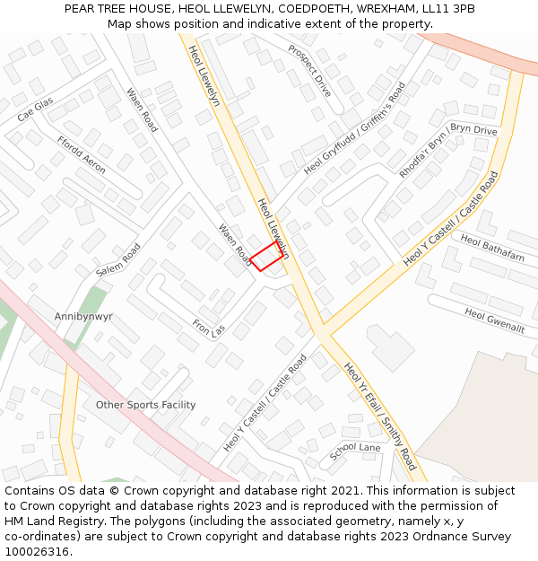 PEAR TREE HOUSE, HEOL LLEWELYN, COEDPOETH, WREXHAM, LL11 3PB: Location map and indicative extent of plot