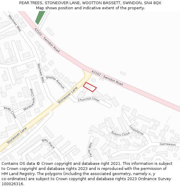 PEAR TREES, STONEOVER LANE, WOOTTON BASSETT, SWINDON, SN4 8QX: Location map and indicative extent of plot
