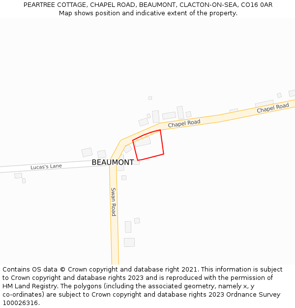 PEARTREE COTTAGE, CHAPEL ROAD, BEAUMONT, CLACTON-ON-SEA, CO16 0AR: Location map and indicative extent of plot