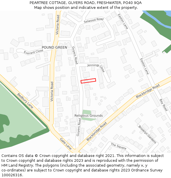 PEARTREE COTTAGE, GUYERS ROAD, FRESHWATER, PO40 9QA: Location map and indicative extent of plot