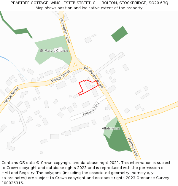 PEARTREE COTTAGE, WINCHESTER STREET, CHILBOLTON, STOCKBRIDGE, SO20 6BQ: Location map and indicative extent of plot