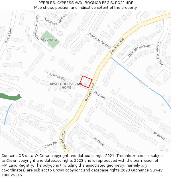 PEBBLES, CYPRESS WAY, BOGNOR REGIS, PO21 4DF: Location map and indicative extent of plot