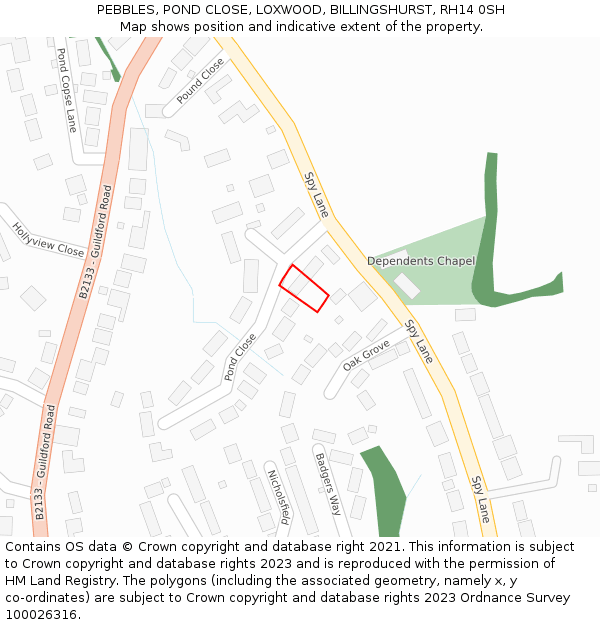 PEBBLES, POND CLOSE, LOXWOOD, BILLINGSHURST, RH14 0SH: Location map and indicative extent of plot