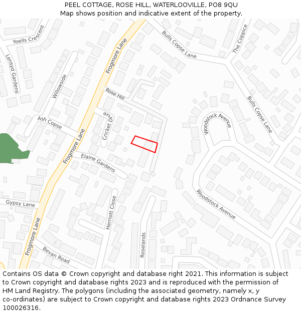 PEEL COTTAGE, ROSE HILL, WATERLOOVILLE, PO8 9QU: Location map and indicative extent of plot