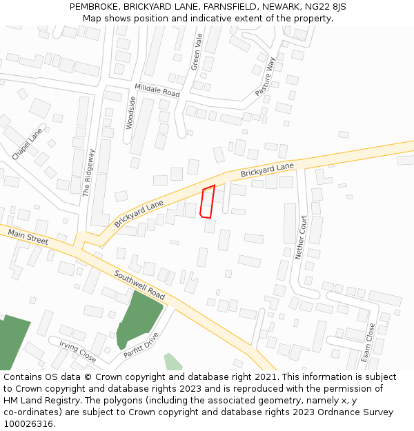 PEMBROKE, BRICKYARD LANE, FARNSFIELD, NEWARK, NG22 8JS: Location map and indicative extent of plot