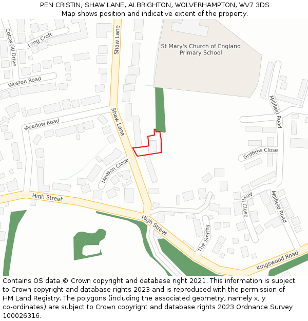 PEN CRISTIN, SHAW LANE, ALBRIGHTON, WOLVERHAMPTON, WV7 3DS: Location map and indicative extent of plot