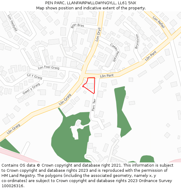 PEN PARC, LLANFAIRPWLLGWYNGYLL, LL61 5NX: Location map and indicative extent of plot