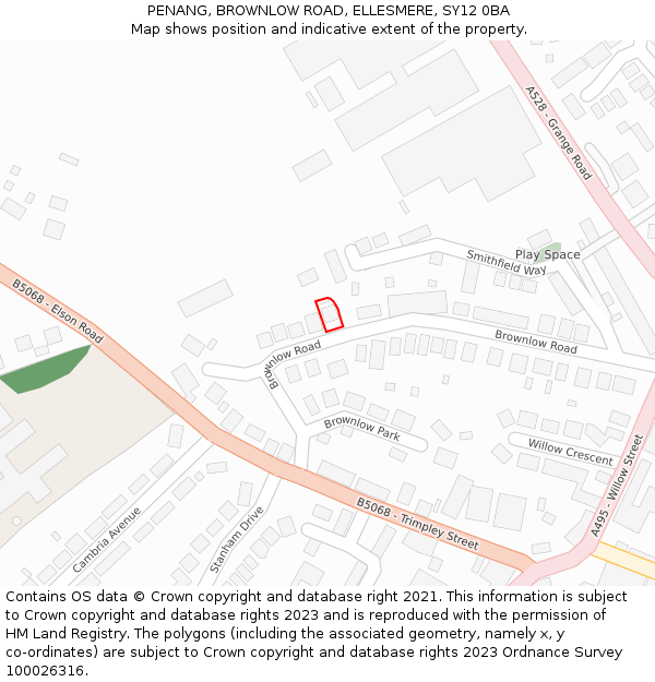 PENANG, BROWNLOW ROAD, ELLESMERE, SY12 0BA: Location map and indicative extent of plot