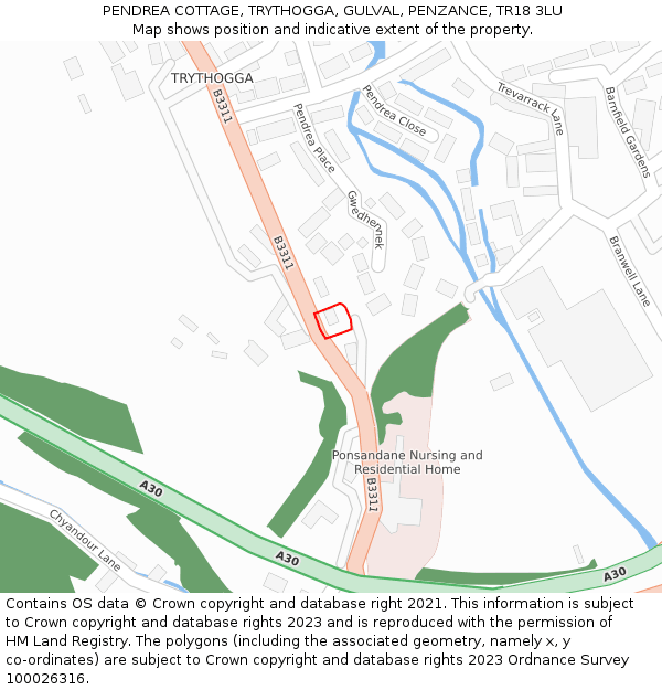 PENDREA COTTAGE, TRYTHOGGA, GULVAL, PENZANCE, TR18 3LU: Location map and indicative extent of plot