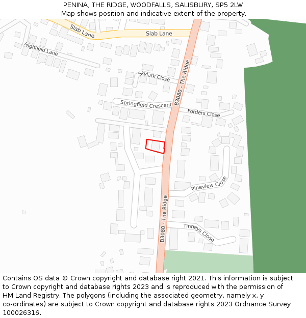 PENINA, THE RIDGE, WOODFALLS, SALISBURY, SP5 2LW: Location map and indicative extent of plot