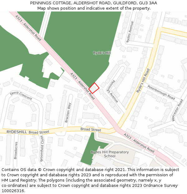 PENNINGS COTTAGE, ALDERSHOT ROAD, GUILDFORD, GU3 3AA: Location map and indicative extent of plot