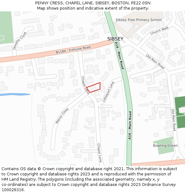 PENNY CRESS, CHAPEL LANE, SIBSEY, BOSTON, PE22 0SN: Location map and indicative extent of plot