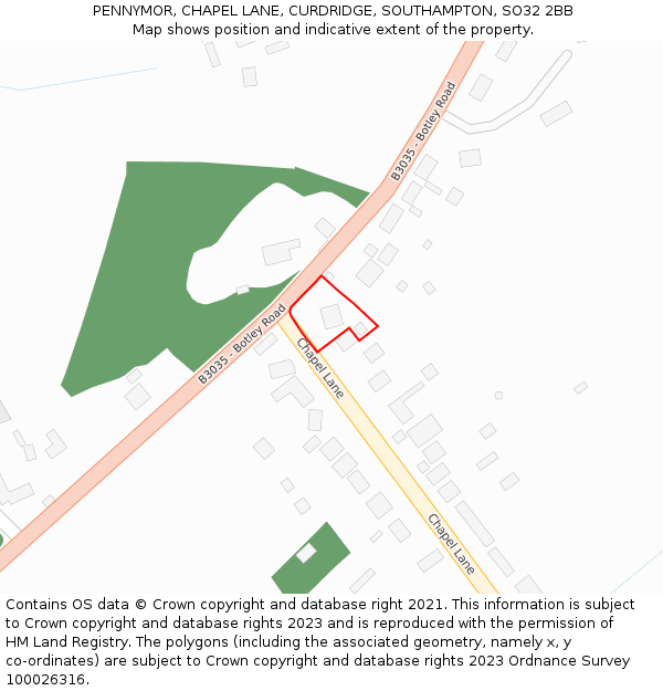 PENNYMOR, CHAPEL LANE, CURDRIDGE, SOUTHAMPTON, SO32 2BB: Location map and indicative extent of plot