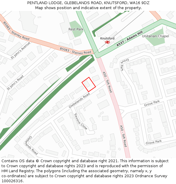 PENTLAND LODGE, GLEBELANDS ROAD, KNUTSFORD, WA16 9DZ: Location map and indicative extent of plot