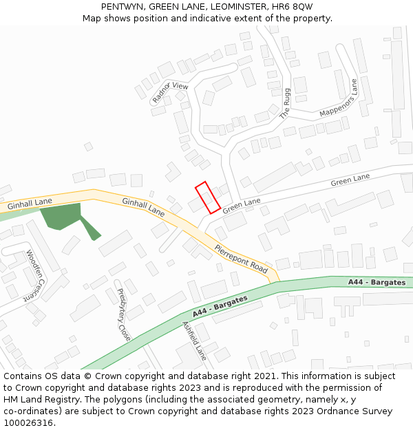 PENTWYN, GREEN LANE, LEOMINSTER, HR6 8QW: Location map and indicative extent of plot