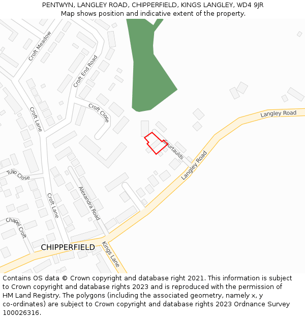 PENTWYN, LANGLEY ROAD, CHIPPERFIELD, KINGS LANGLEY, WD4 9JR: Location map and indicative extent of plot