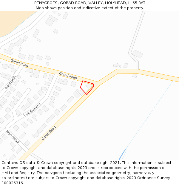 PENYGROES, GORAD ROAD, VALLEY, HOLYHEAD, LL65 3AT: Location map and indicative extent of plot