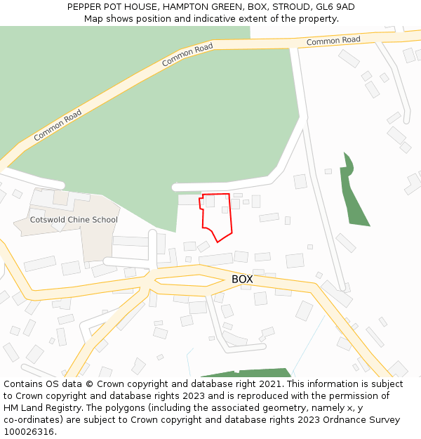 PEPPER POT HOUSE, HAMPTON GREEN, BOX, STROUD, GL6 9AD: Location map and indicative extent of plot
