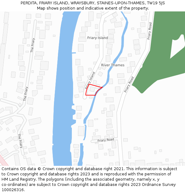 PERDITA, FRIARY ISLAND, WRAYSBURY, STAINES-UPON-THAMES, TW19 5JS: Location map and indicative extent of plot