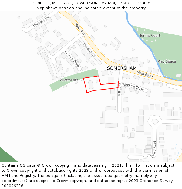 PERIPULL, MILL LANE, LOWER SOMERSHAM, IPSWICH, IP8 4PA: Location map and indicative extent of plot