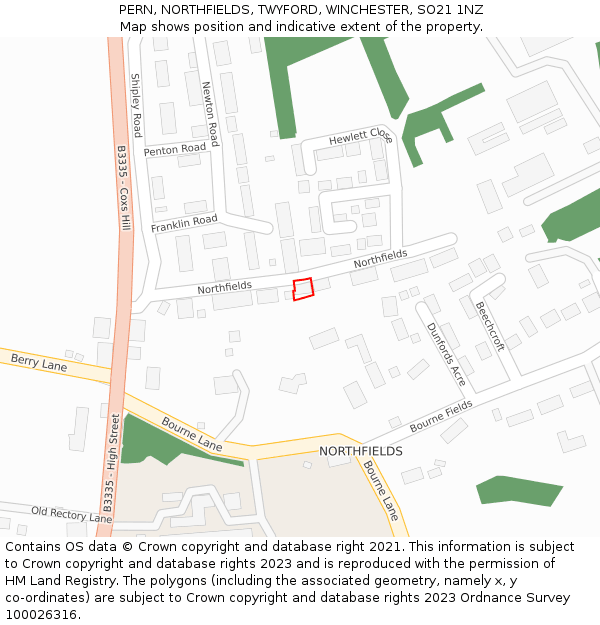 PERN, NORTHFIELDS, TWYFORD, WINCHESTER, SO21 1NZ: Location map and indicative extent of plot