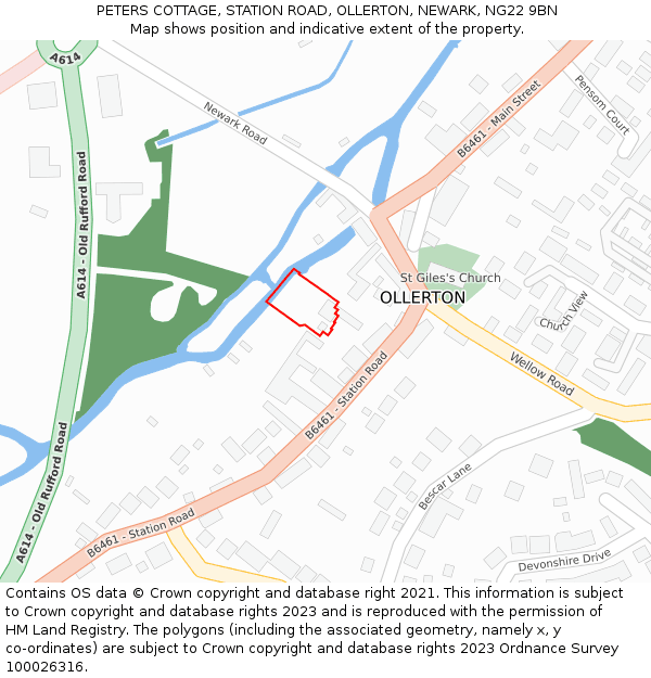 PETERS COTTAGE, STATION ROAD, OLLERTON, NEWARK, NG22 9BN: Location map and indicative extent of plot