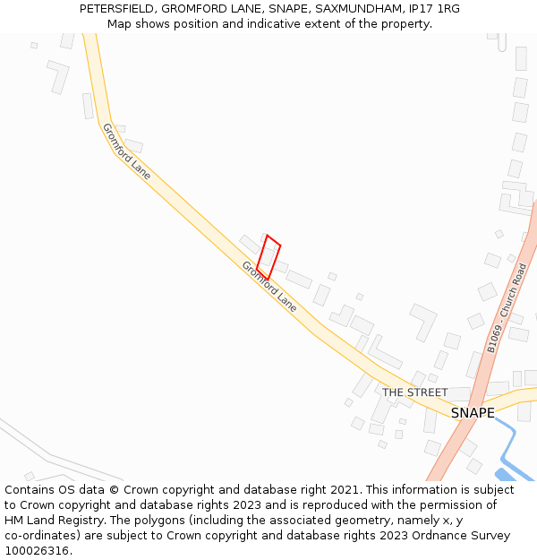 PETERSFIELD, GROMFORD LANE, SNAPE, SAXMUNDHAM, IP17 1RG: Location map and indicative extent of plot