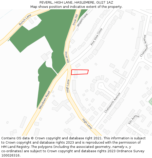 PEVERIL, HIGH LANE, HASLEMERE, GU27 1AZ: Location map and indicative extent of plot