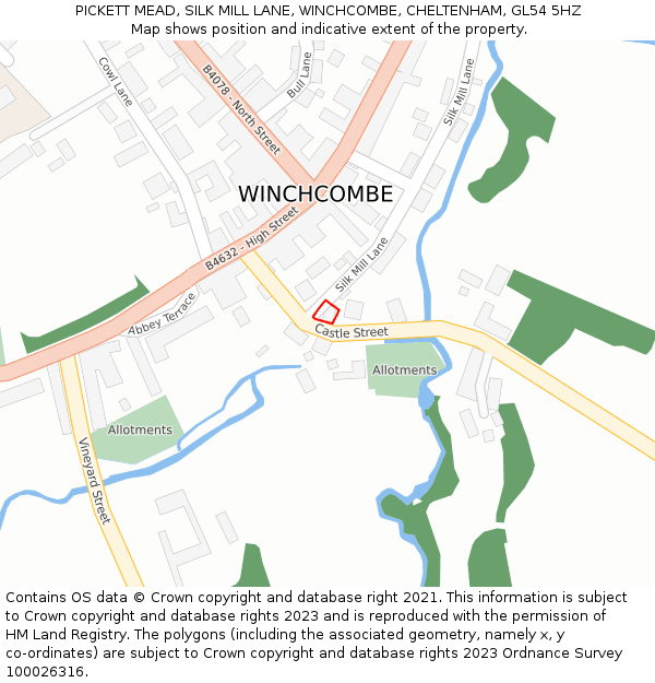 PICKETT MEAD, SILK MILL LANE, WINCHCOMBE, CHELTENHAM, GL54 5HZ: Location map and indicative extent of plot