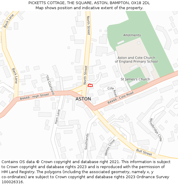 PICKETTS COTTAGE, THE SQUARE, ASTON, BAMPTON, OX18 2DL: Location map and indicative extent of plot