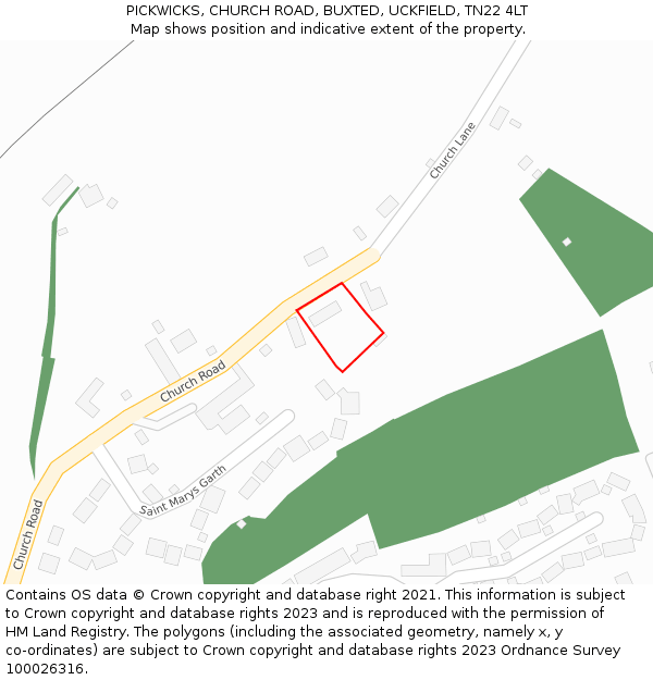 PICKWICKS, CHURCH ROAD, BUXTED, UCKFIELD, TN22 4LT: Location map and indicative extent of plot