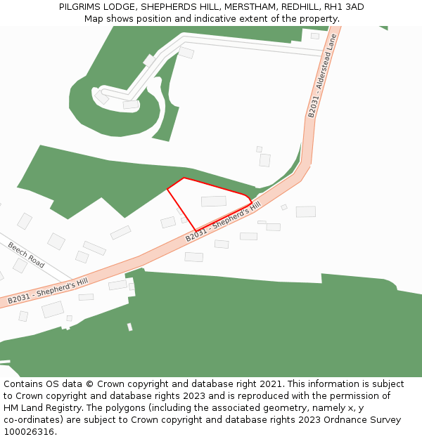 PILGRIMS LODGE, SHEPHERDS HILL, MERSTHAM, REDHILL, RH1 3AD: Location map and indicative extent of plot