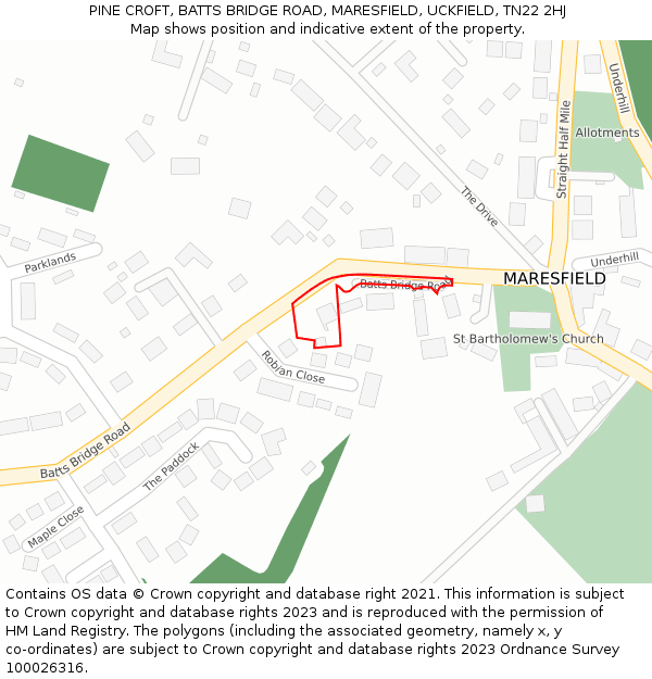 PINE CROFT, BATTS BRIDGE ROAD, MARESFIELD, UCKFIELD, TN22 2HJ: Location map and indicative extent of plot