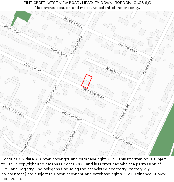 PINE CROFT, WEST VIEW ROAD, HEADLEY DOWN, BORDON, GU35 8JS: Location map and indicative extent of plot