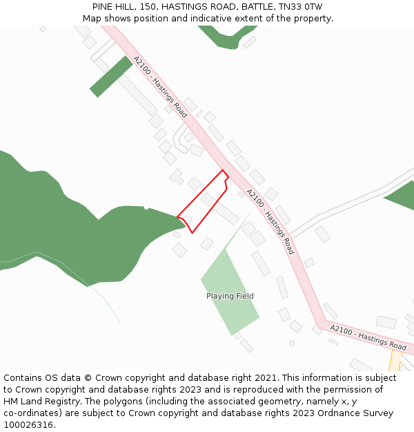 PINE HILL, 150, HASTINGS ROAD, BATTLE, TN33 0TW: Location map and indicative extent of plot