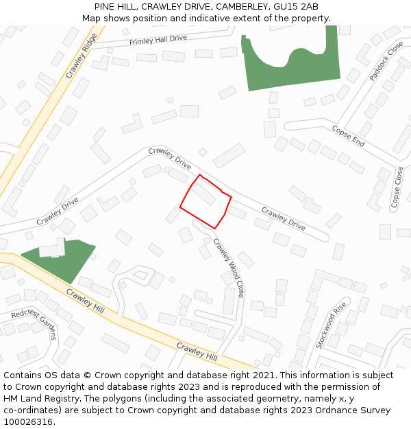 PINE HILL, CRAWLEY DRIVE, CAMBERLEY, GU15 2AB: Location map and indicative extent of plot