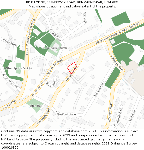 PINE LODGE, FERNBROOK ROAD, PENMAENMAWR, LL34 6EG: Location map and indicative extent of plot