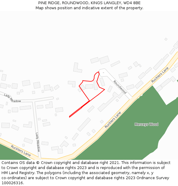 PINE RIDGE, ROUNDWOOD, KINGS LANGLEY, WD4 8BE: Location map and indicative extent of plot